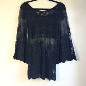 Sheer witchy bell sleeve lace mesh black top cover up layered look whimsygoth S